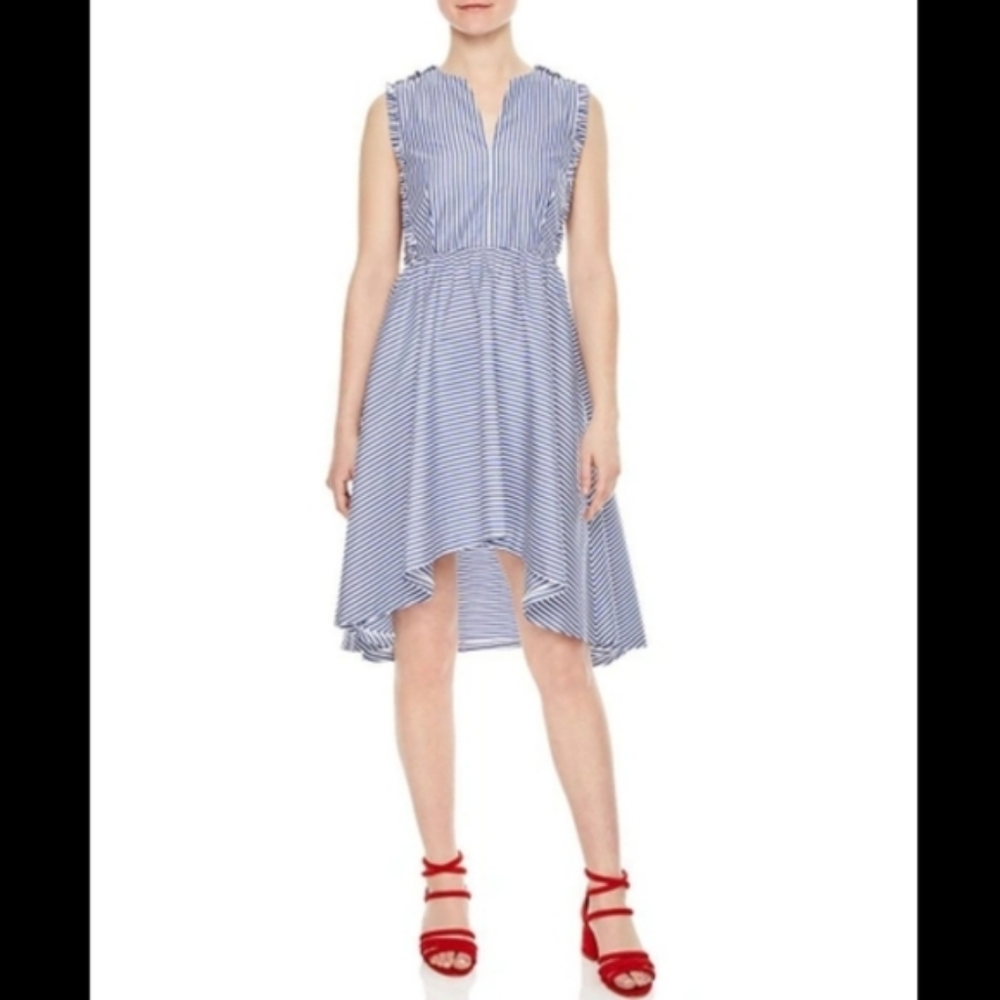 Sandro Peggysue lace-back high low striped dress with ruffle trim